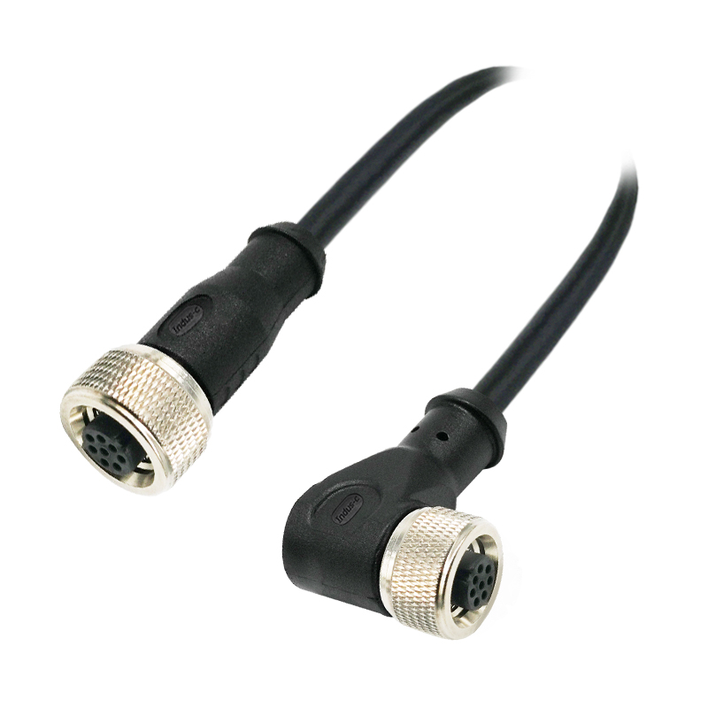 Push-pull m12 8pins A code female straight to female right angle molded cable,unshielded,PVC,-40°C~+105°C,22AWG 0.34mm²,brass with nickel plated screw